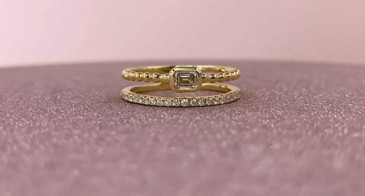 14k Gold 0.35 CT Emerald Cut Diamond Double Band Beaded Ring Natural Round