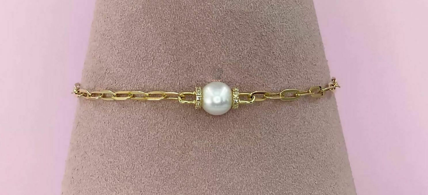 14K Gold 0.07 CT Diamond And Pearl Bracelet In Womens Link Chain Round Cut