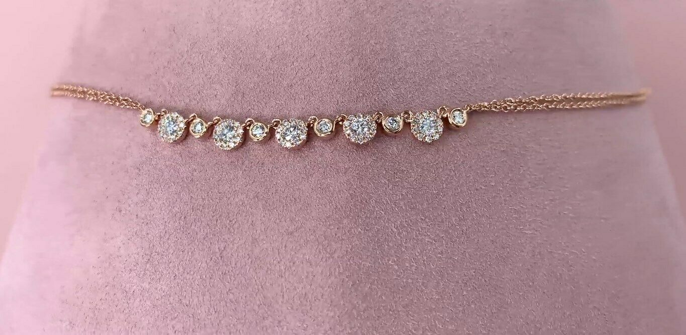 14K Gold 0.56 CT Diamond Multi Strand Necklace Halo Cluster Round Natural Layered