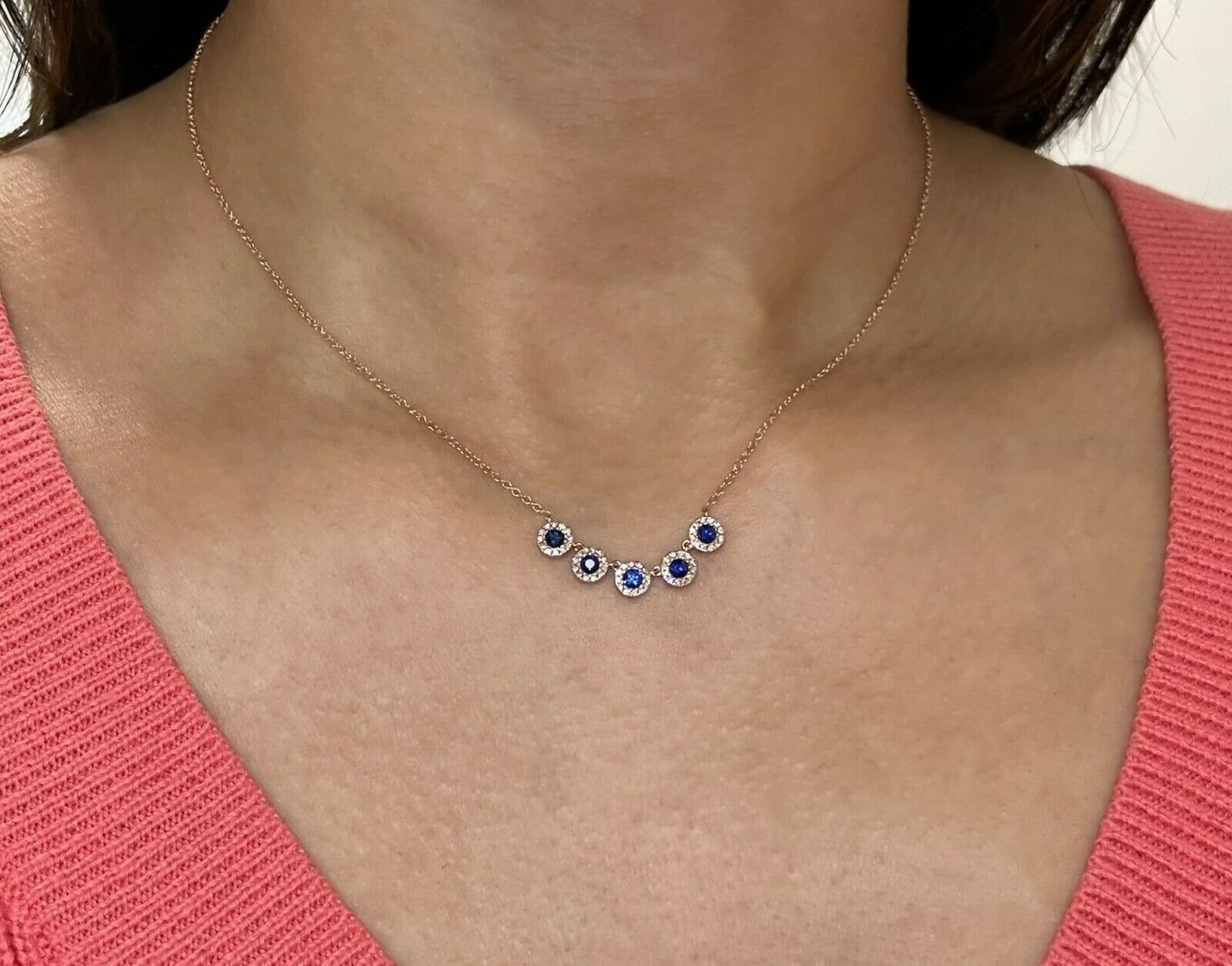14K Gold 0.65 TCW Blue Sapphire Diamond Necklace Station Round Cut Natural