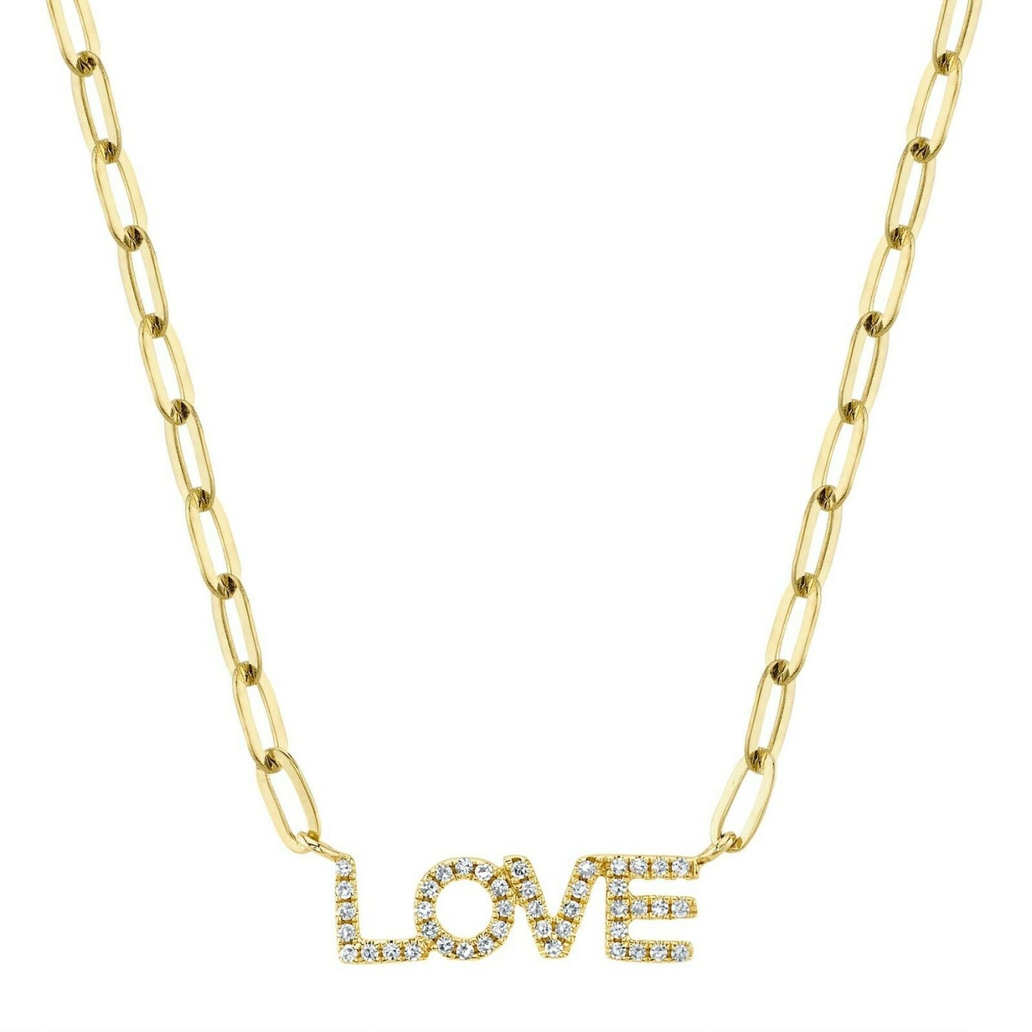 14K Gold 0.12 CT Diamond LOVE Letter Initials Necklace Paper Clip Chain