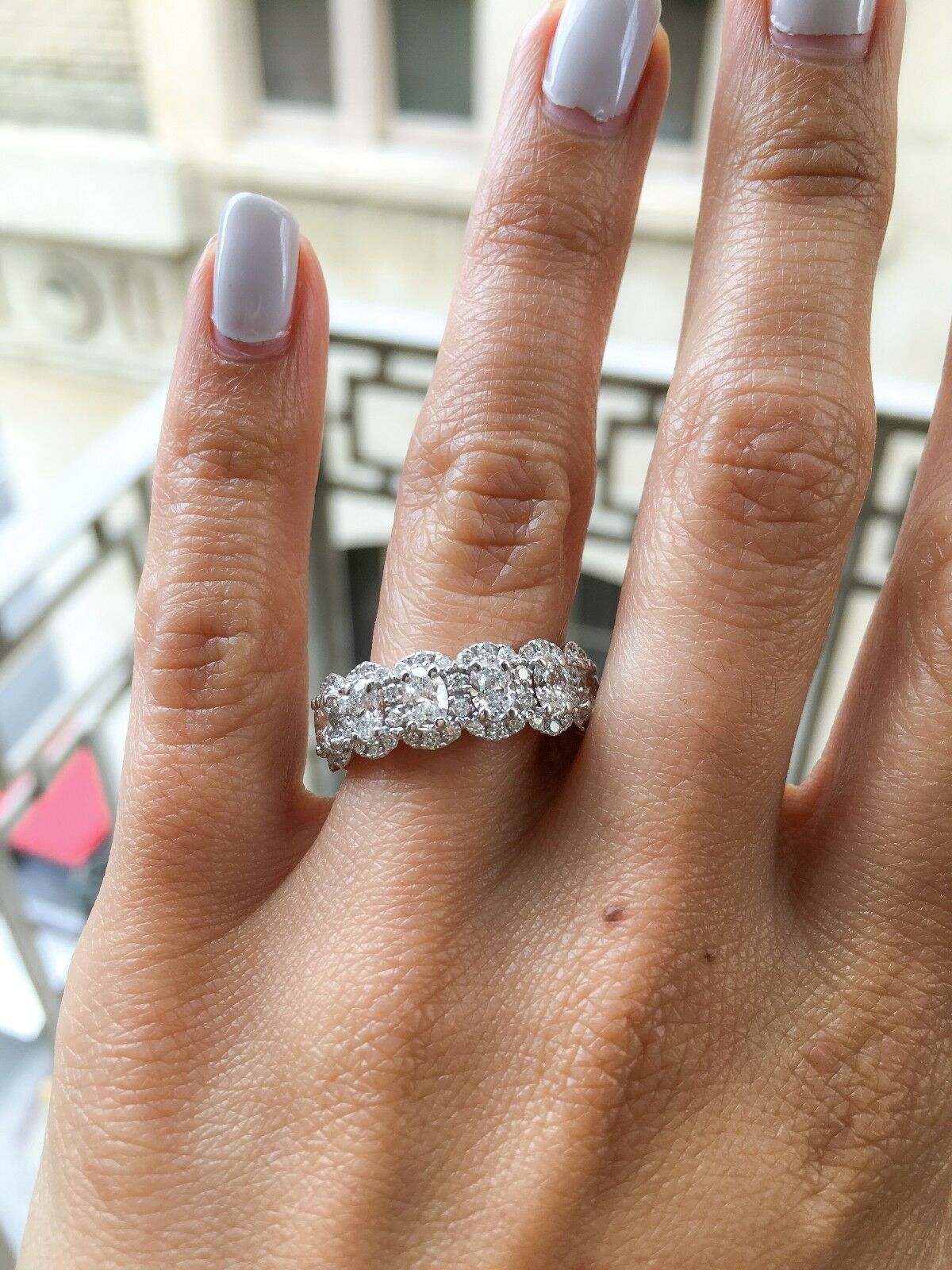 18K White Gold 3.23CT Oval Diamond Eternity Ring Halo Engagement Anniversary Band