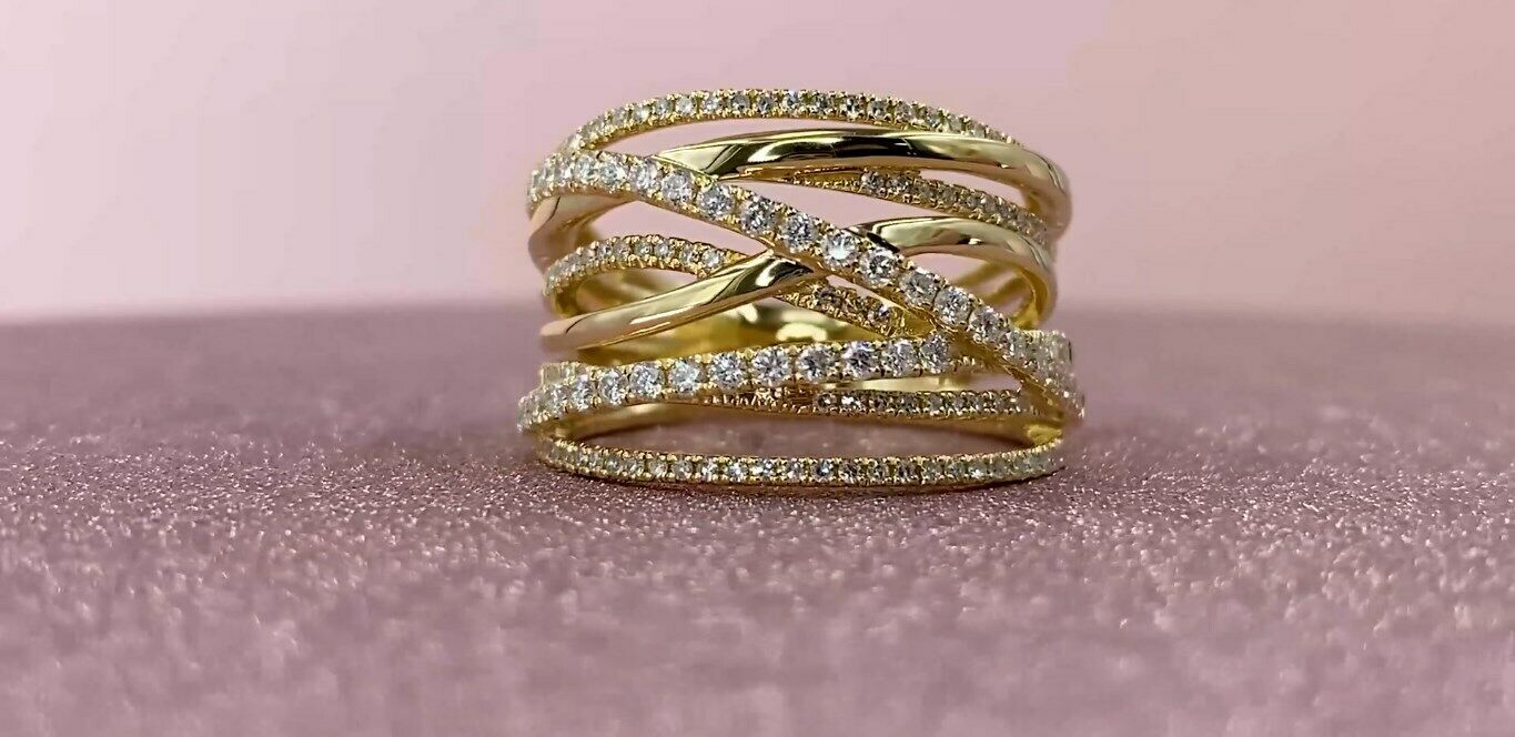 14K Gold 0.62 CT Diamond Bridge X Ring Criss Cross Crossover Multi Row Band Wide