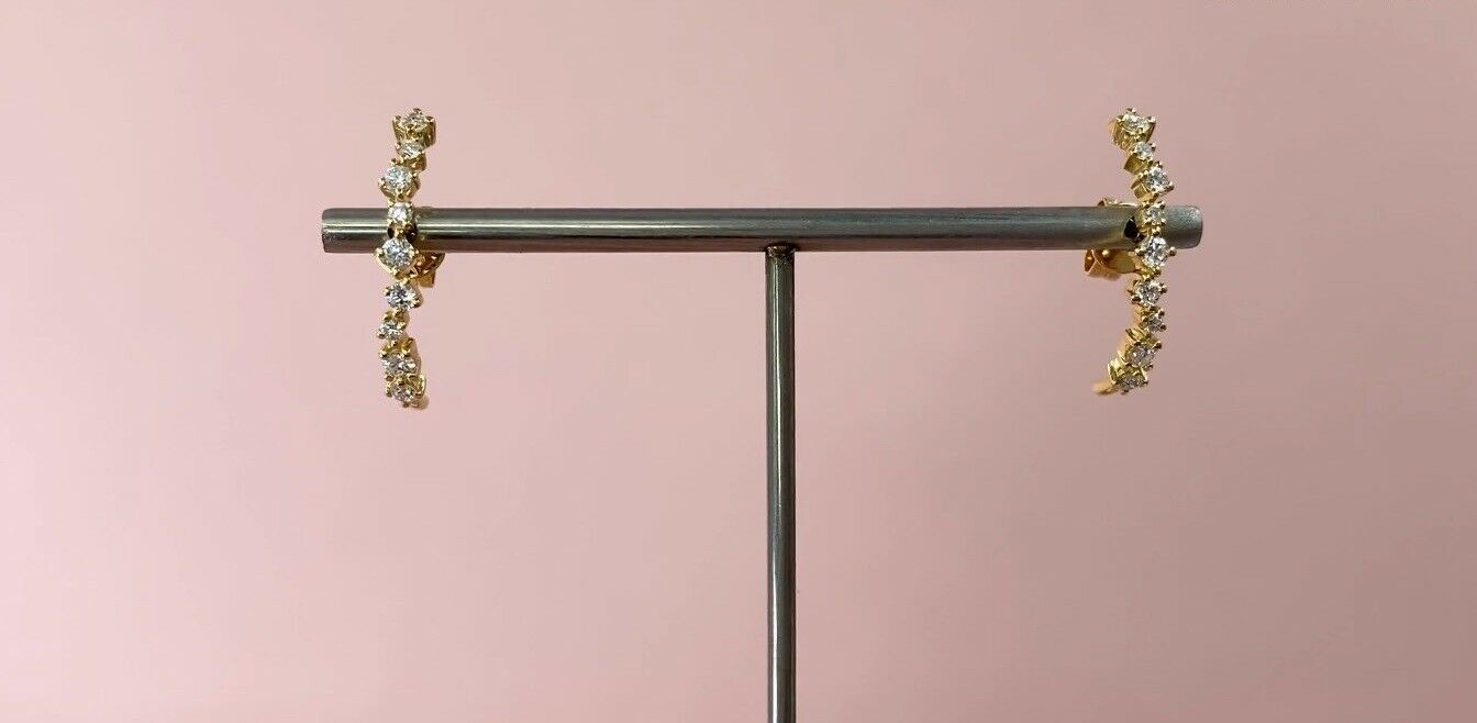 14K Gold 0.45 CT Diamond Curved Stick Stud Earrings Unique Round Cut Natural