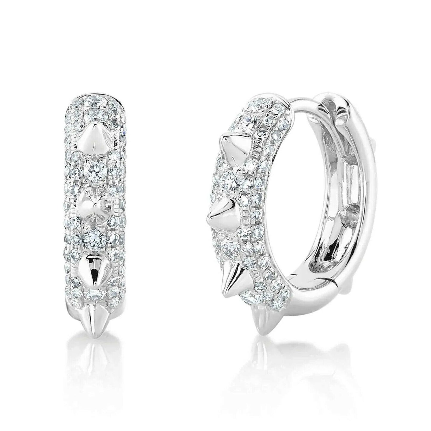 14K Gold 0.34CT Diamond Spike Huggie Earrings Spiky Pave Set Round Cut