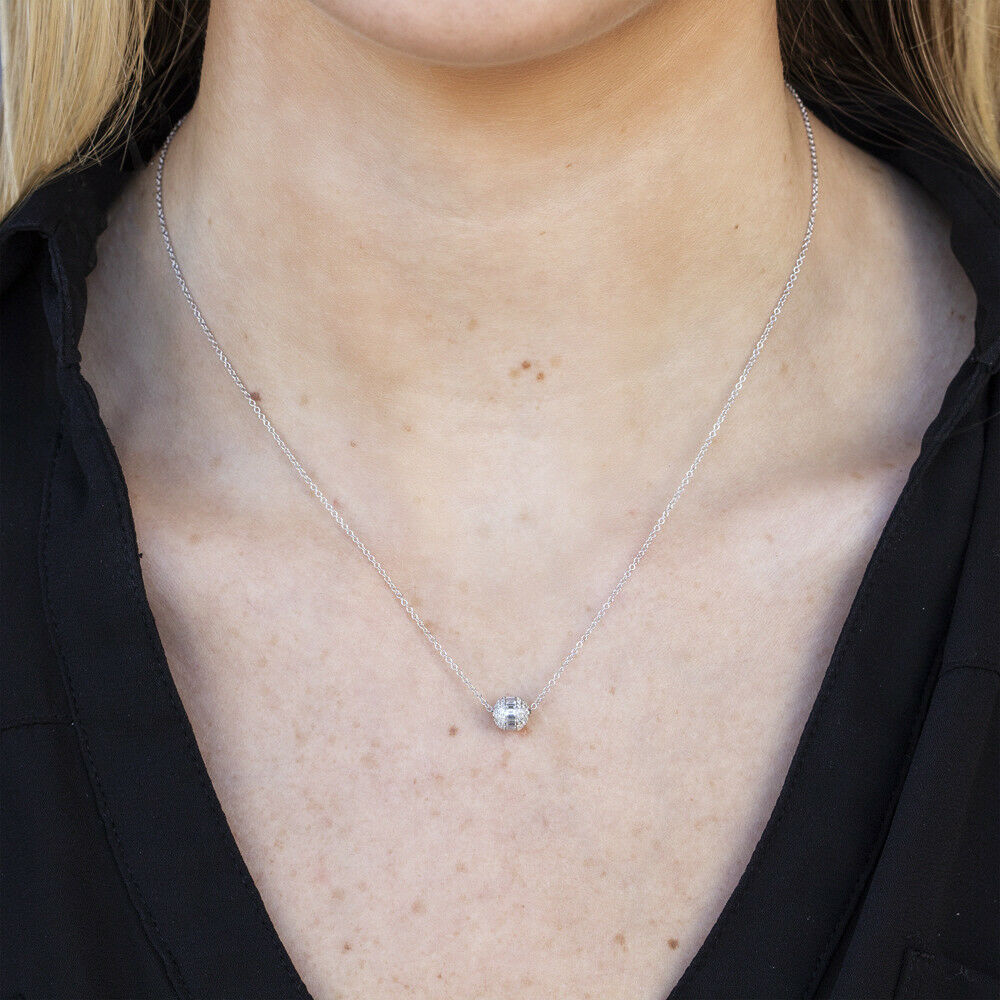 14K Gold 0.48 CT Diamond Barrel Pendant Necklace Natural Baguette Round