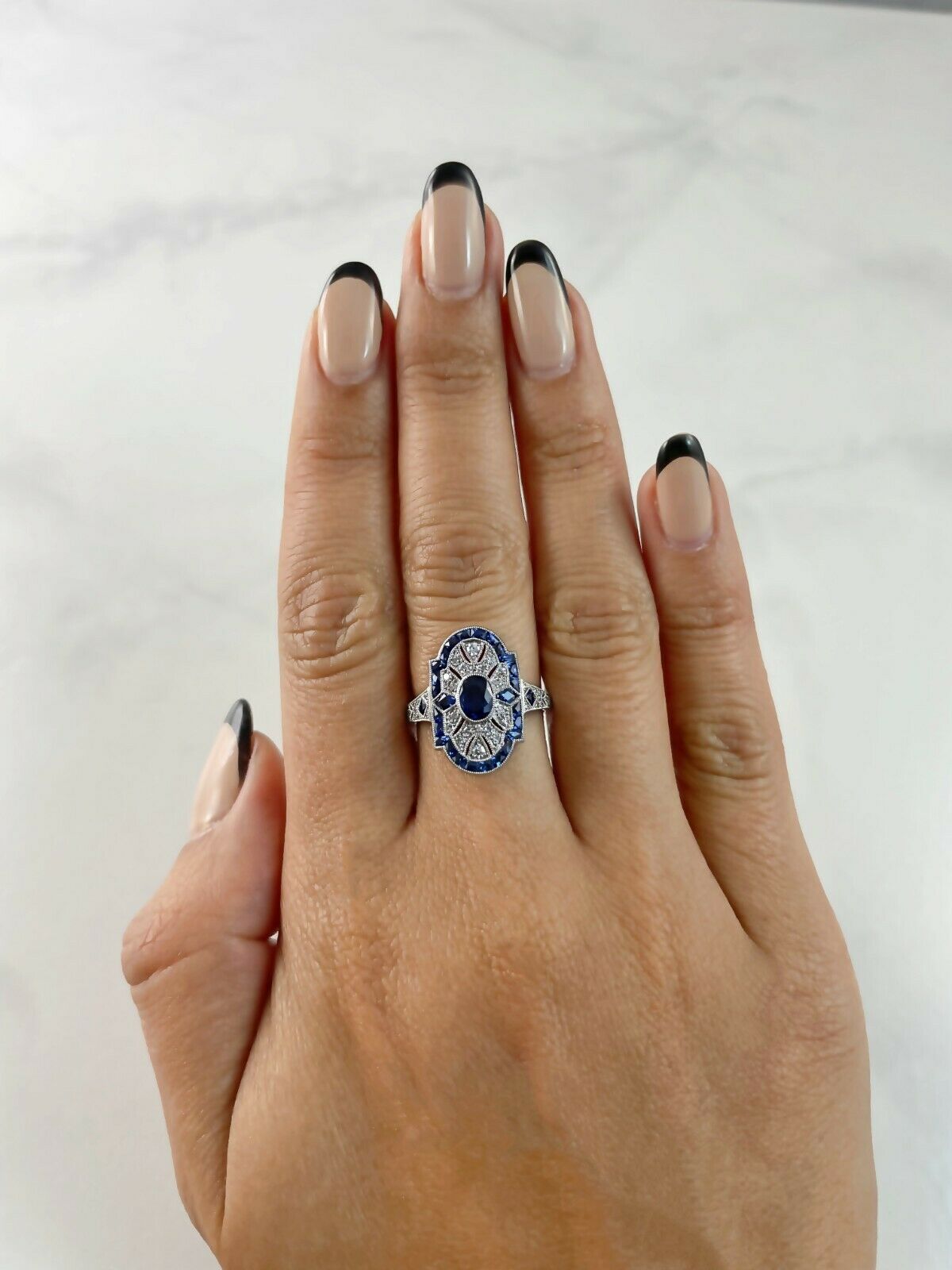Art Deco Oval Blue Sapphire Platinum Diamond Ring Handmade