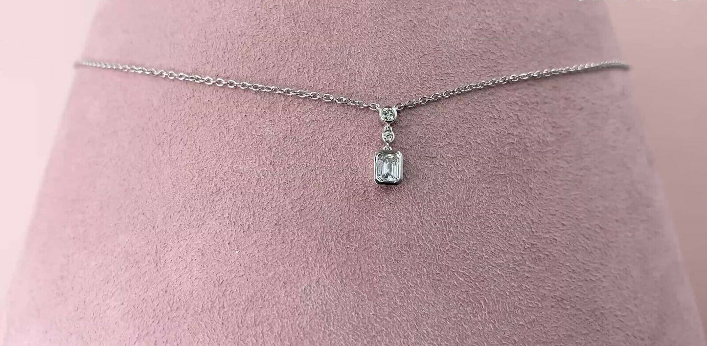 14K Gold 0.23 CT Emerald Cut Diamond Solitaire Pendant Necklace Bezel Set Natural
