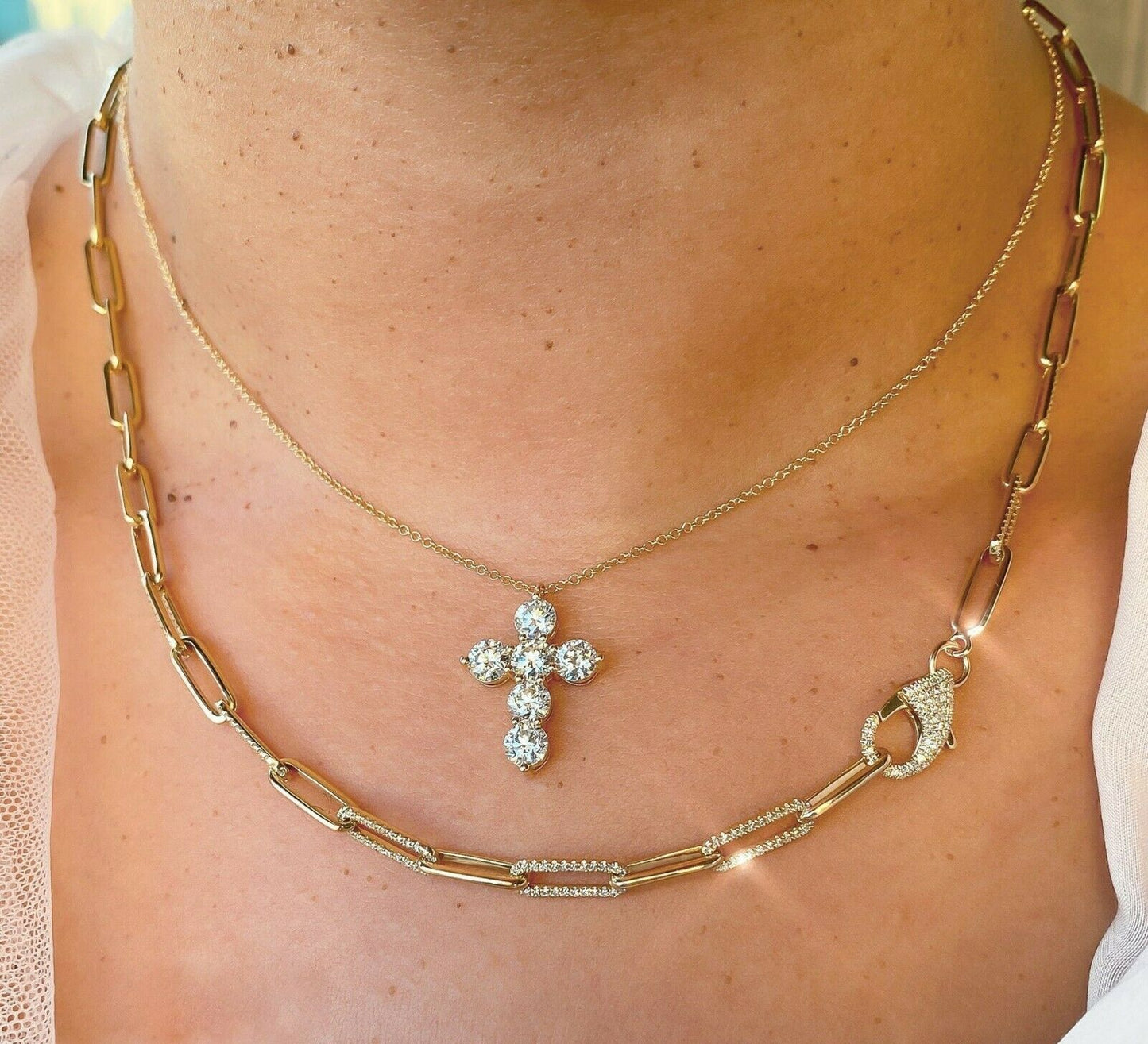 Cross Diamond Necklace 14K White Gold Round Brilliant Cut F VS2 Natural 2.25CT