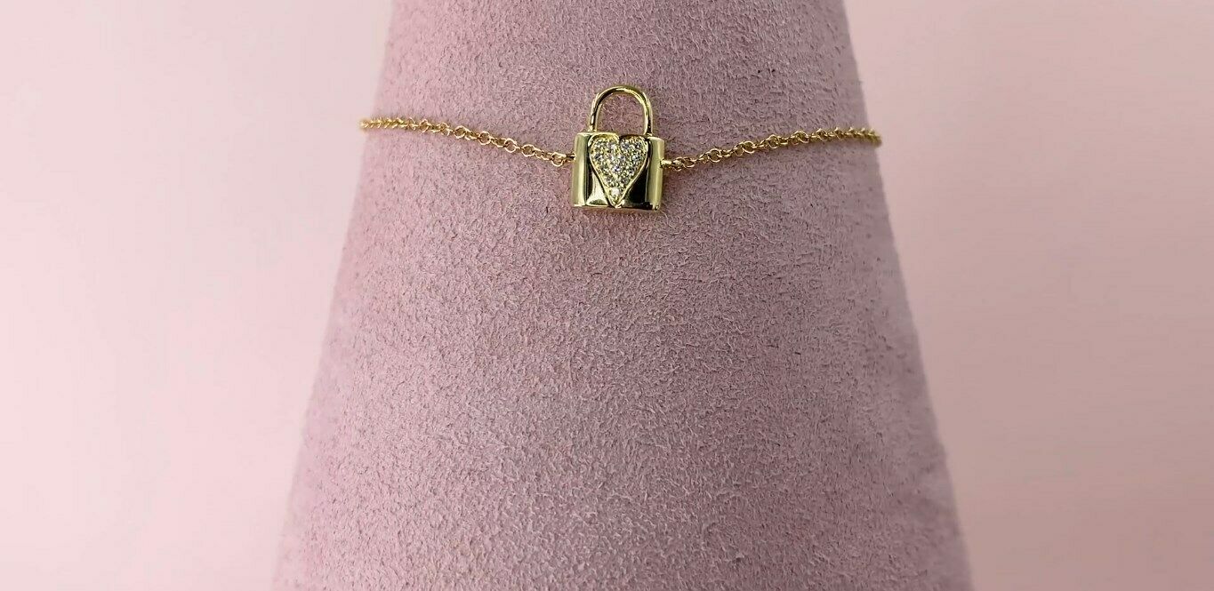 14K Gold 0.03 CT Love Diamond Lock Heart Bracelet Charm Natural Round Cut