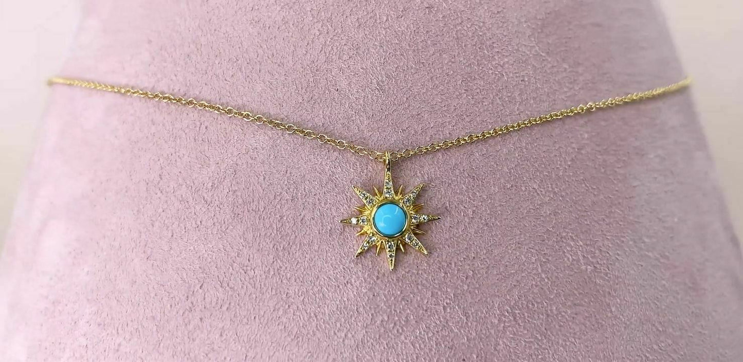Turquoise Diamond Star Necklace 14K Yellow Gold Pendant Cabochon Round 0.25 TCW