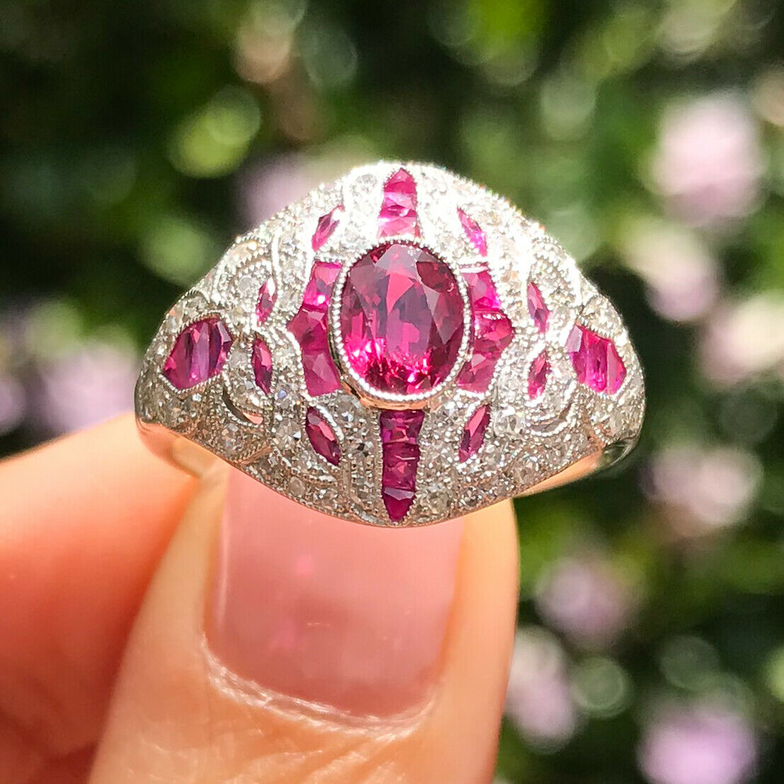 Oval Ruby Diamond Ring Platinum Cocktail Art Deco Handmade