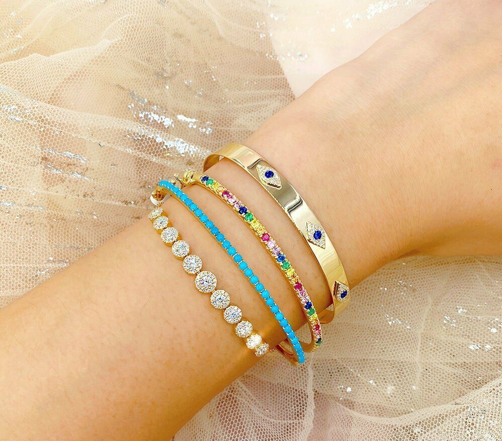 14K Gold 0.16 CT Evil Eye Diamond Sapphire Bangle Bracelet Latch Lock Adjustable