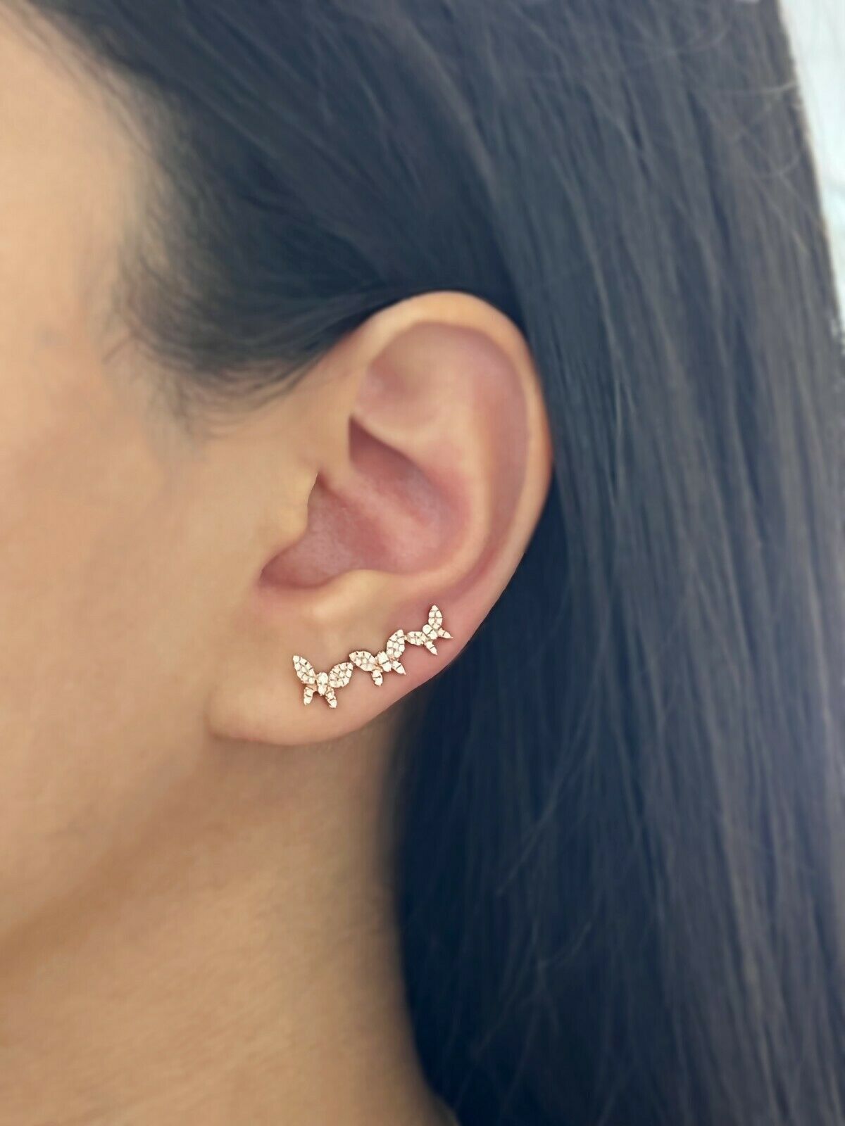 14K Gold 0.25 CT Diamond Butterfly Stud Crawler Clamp Earrings Round Cut Natural