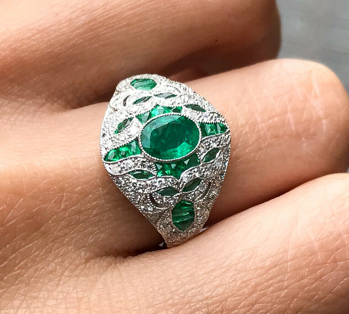 Art Deco Oval Cut Columbian Emerald And Diamond Platinum Ring Vintage