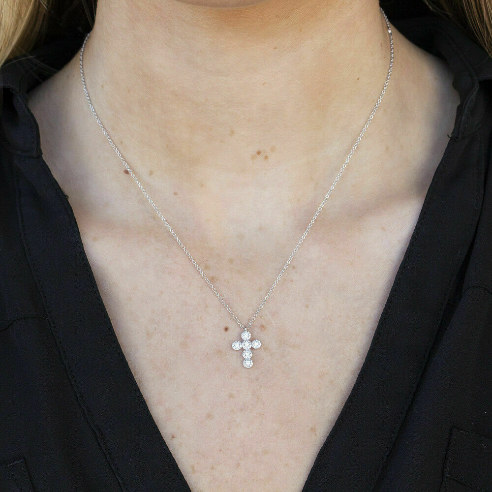 14K Gold 0.25CT Womens Diamond Cross Pendant Necklace Halo Round Cut Small