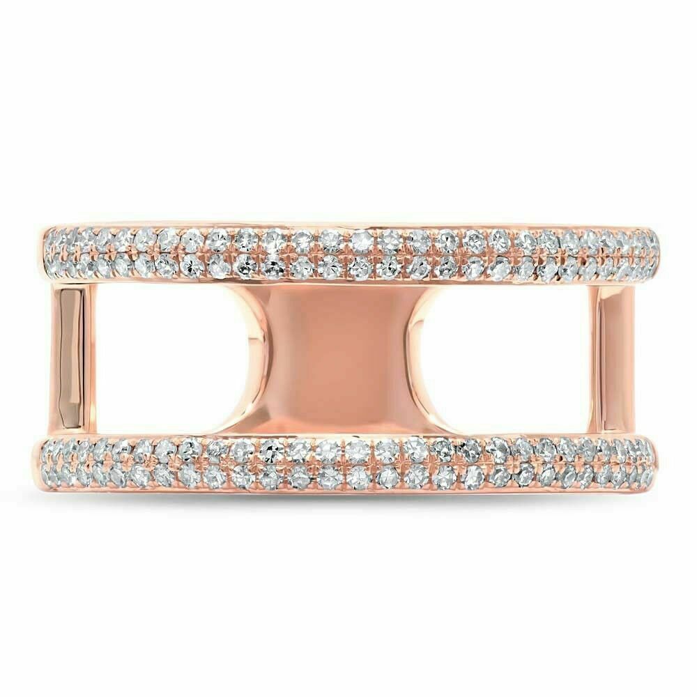 14K Gold 0.30 CT Diamond Pave 2 Band Rows Open Wrap Statement Ring Round