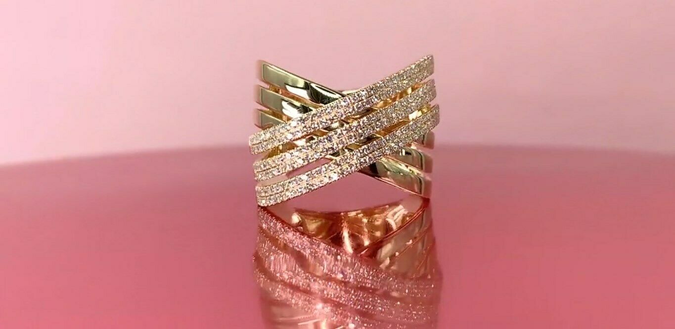 14K Gold 0.54 CT Diamond Bridge X Ring Crossover Crisscross Cocktail Multi Band 7