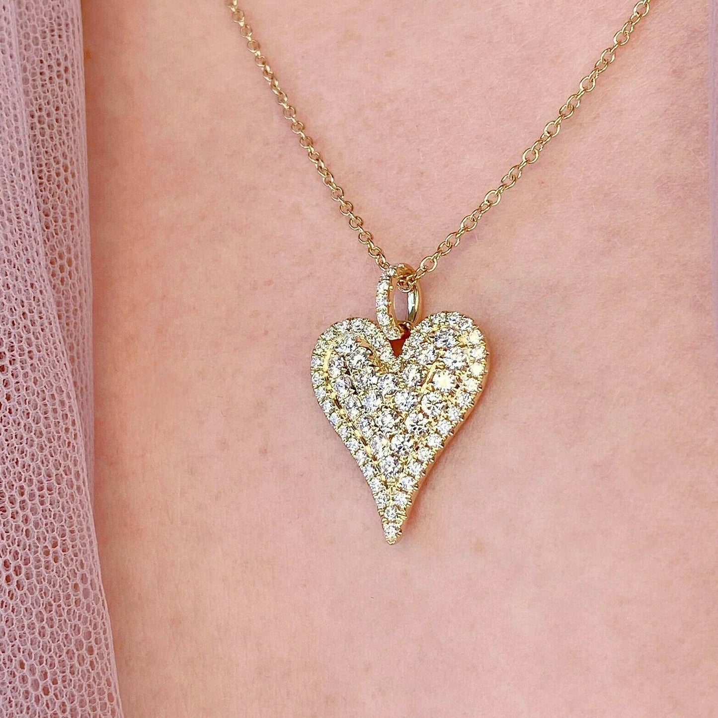 Diamond Heart Pendant Necklace 14K Yellow Gold 1.31CT Round Cut Natural Womens