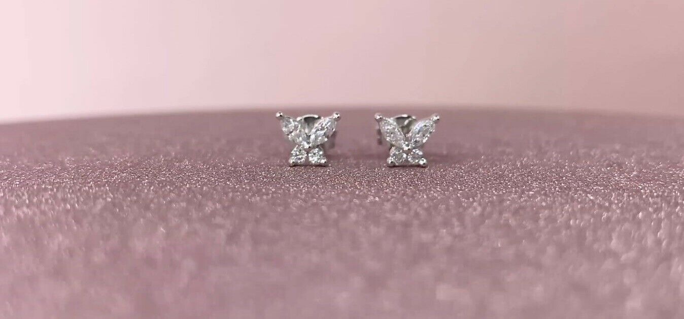 14K Gold 0.22 CT Marquise Diamond Butterfly Stud Earrings Natural Round Push Back