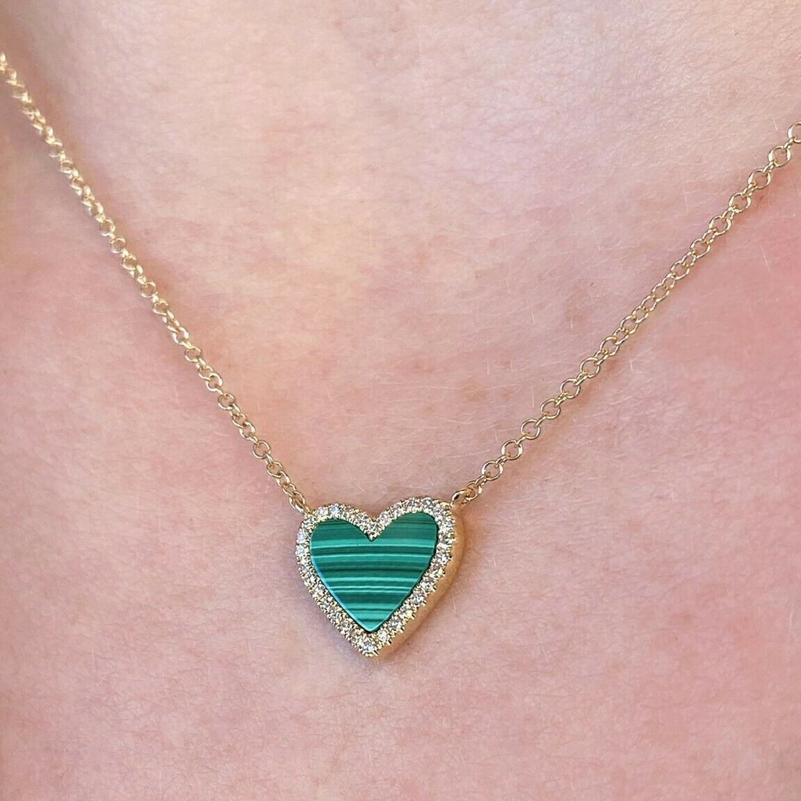 14K Gold 0.90 TCW Diamond Heart Malachite Pendant Necklace