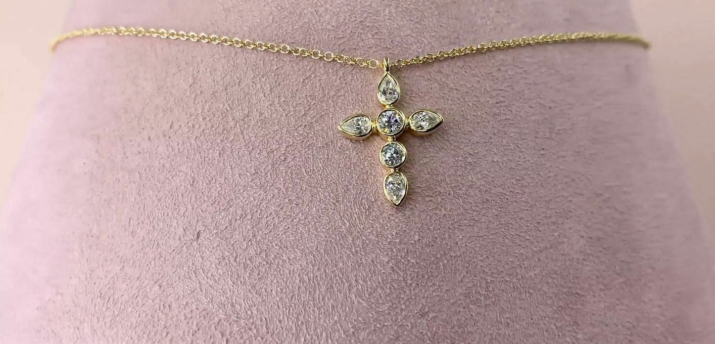 Diamond Cross Necklace 14K Yellow Gold Pear Round 0.42CT Natural Womens Pendant
