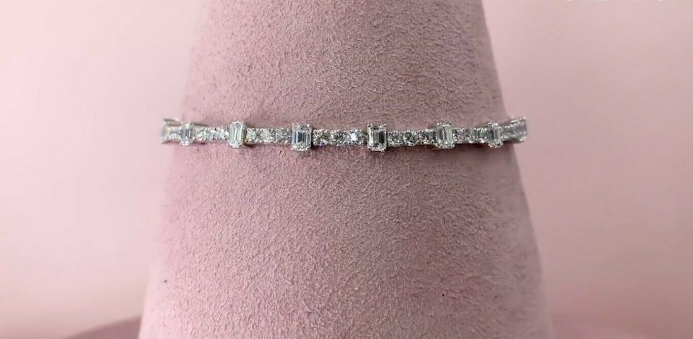14K Gold 5.04 CT Emerald Cut Diamond Tennis Bracelet Round Certified Natural