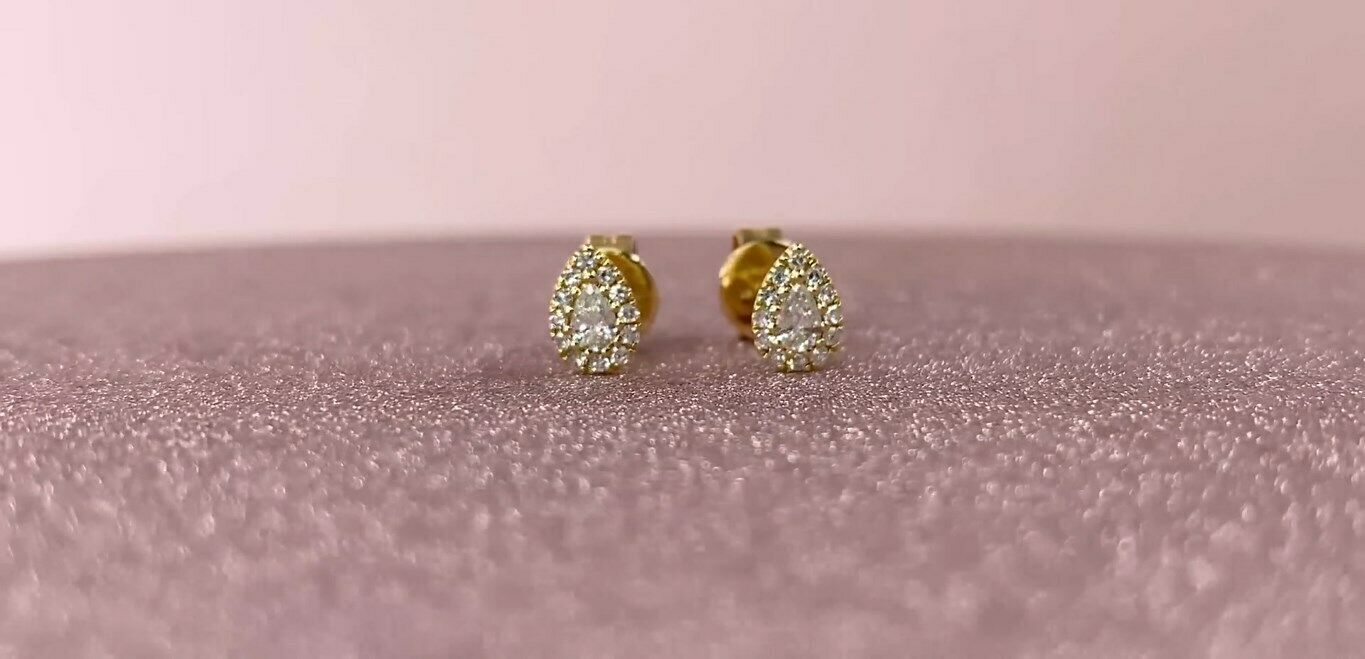14K Gold 0.18 CT Pear Cut Diamond Tear Drop Stud Earrings Halo Natural Push Back