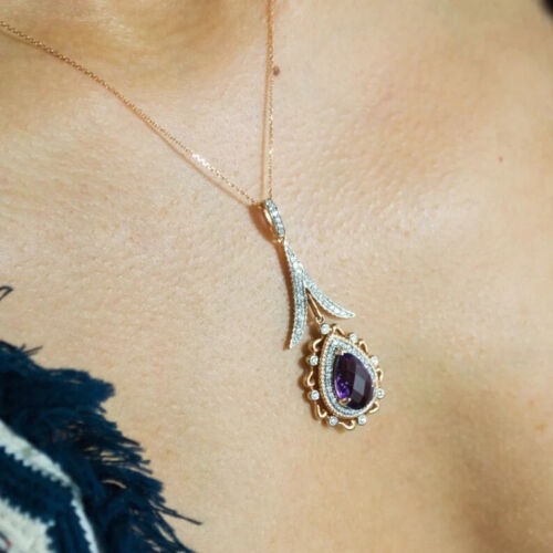 14K Gold 3.31 CT Pear Amethyst Diamond Necklace