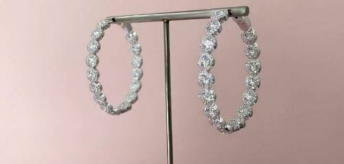 14k Gold 4.14CT Diamond Oval Hoop Earrings Inside Out Round Cut Natural