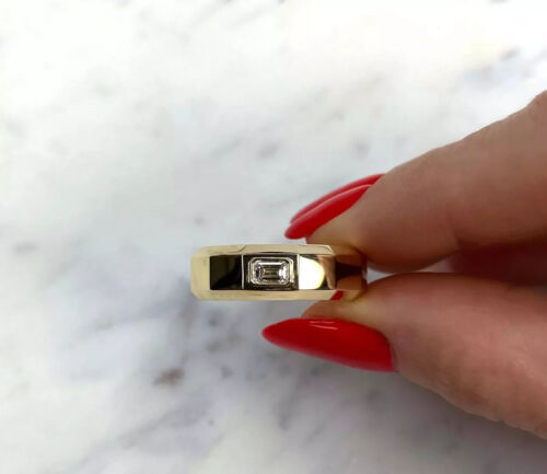 14K Gold Emerald-Cut Diamond Bezel Men's Ring