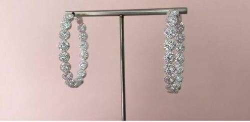 14k Gold 4.14CT Diamond Oval Hoop Earrings Inside Out Round Cut Natural