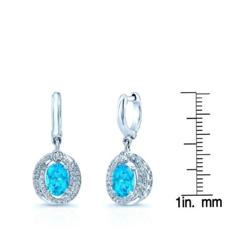 14K White Gold 1.70 CT Swiss Blue Topaz Diamond Oval Drop Earrings
