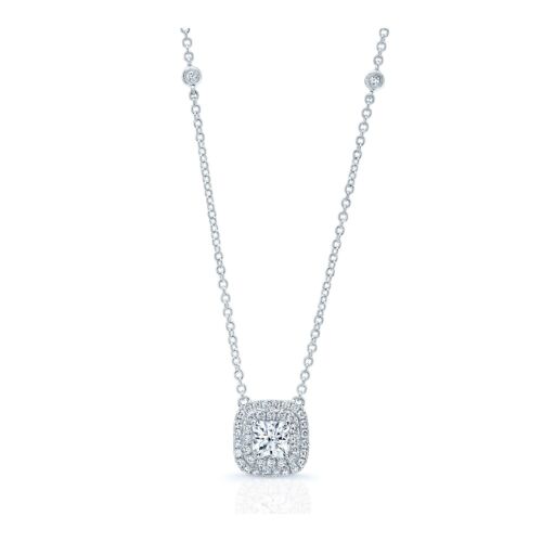 18K White Gold 1.70 CT Diamond Double Halo Pendant Necklace