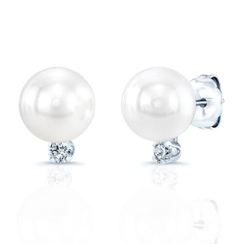 14K White Gold Akoya Pearl Diamond Stud Earrings