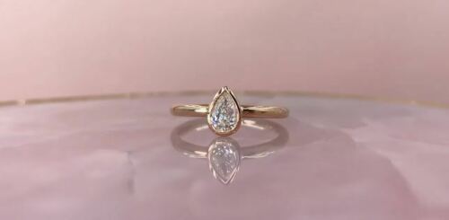 14K Gold Pear Cut 0.41 CT Diamond Solitaire Ring Bezel Set F VS2 Natural Women's