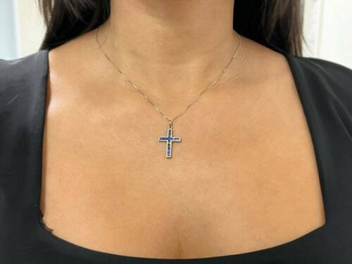 Art Deco Blue Sapphire Cross Platinum Pendant Necklace Handmade Engraved