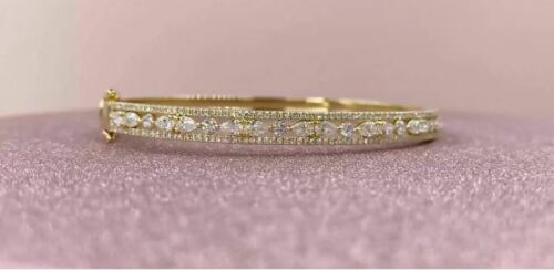 14K Gold 1.08 CT Pear Diamond Bangle Bracelet Women's Size Small Round