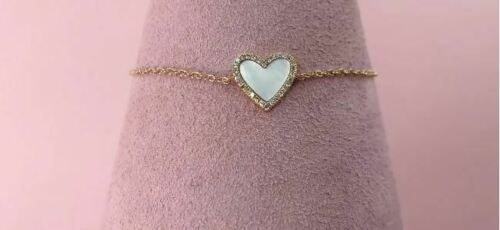 14K Gold 0.56 CT Mother Of Pearl Diamond Heart Bracelet Natural Charm Jewelry