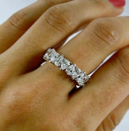 18K White Gold 4.24CT Pear Cut Diamond Eternity Ring Certified Natural Wedding