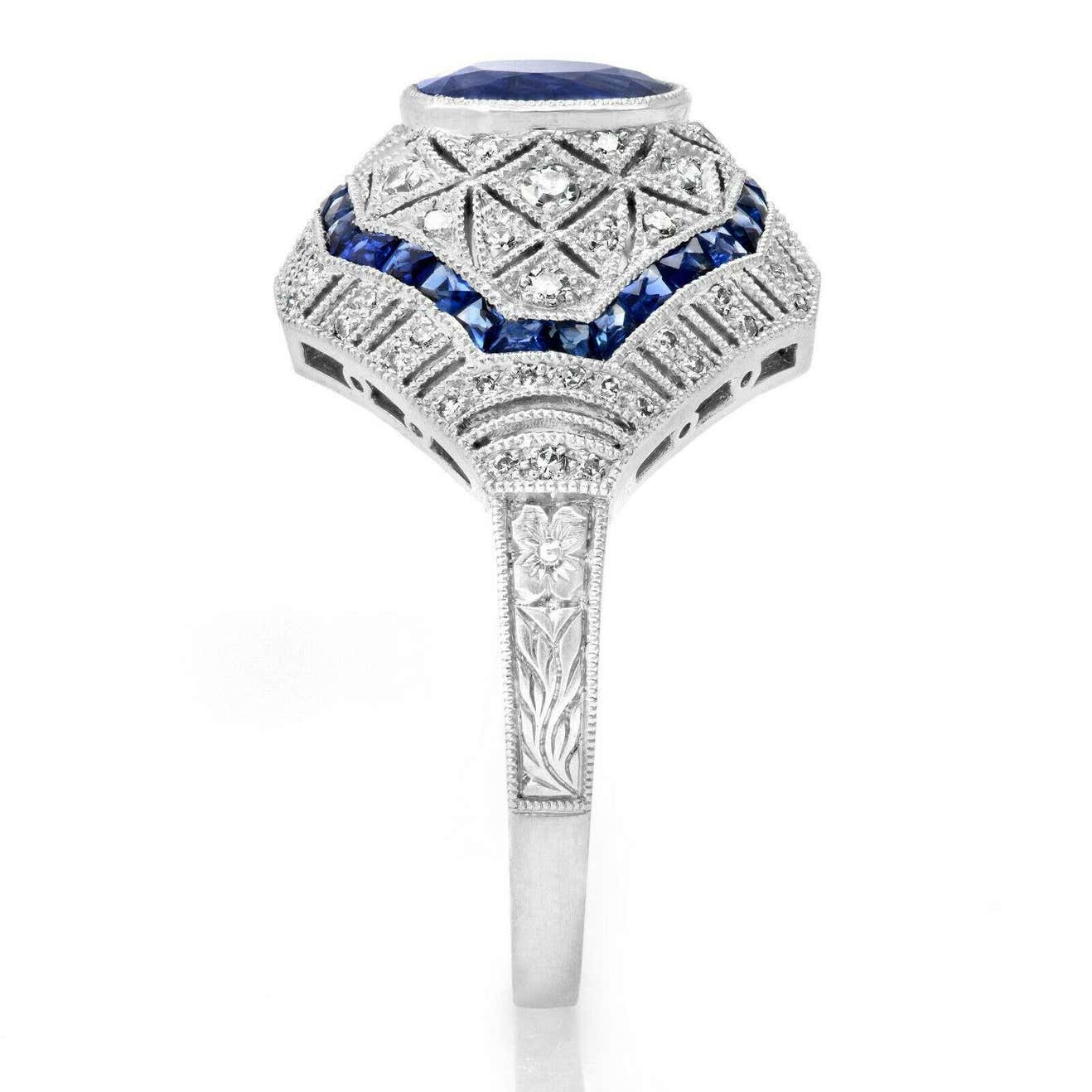 Art Deco Oval Sapphire Diamond Platinum Handmade Ring