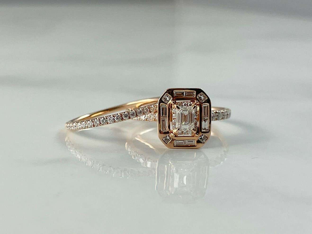 14K Rose Gold Emerald Cut Diamond Engagement Ring Bridal Set Wedding Band