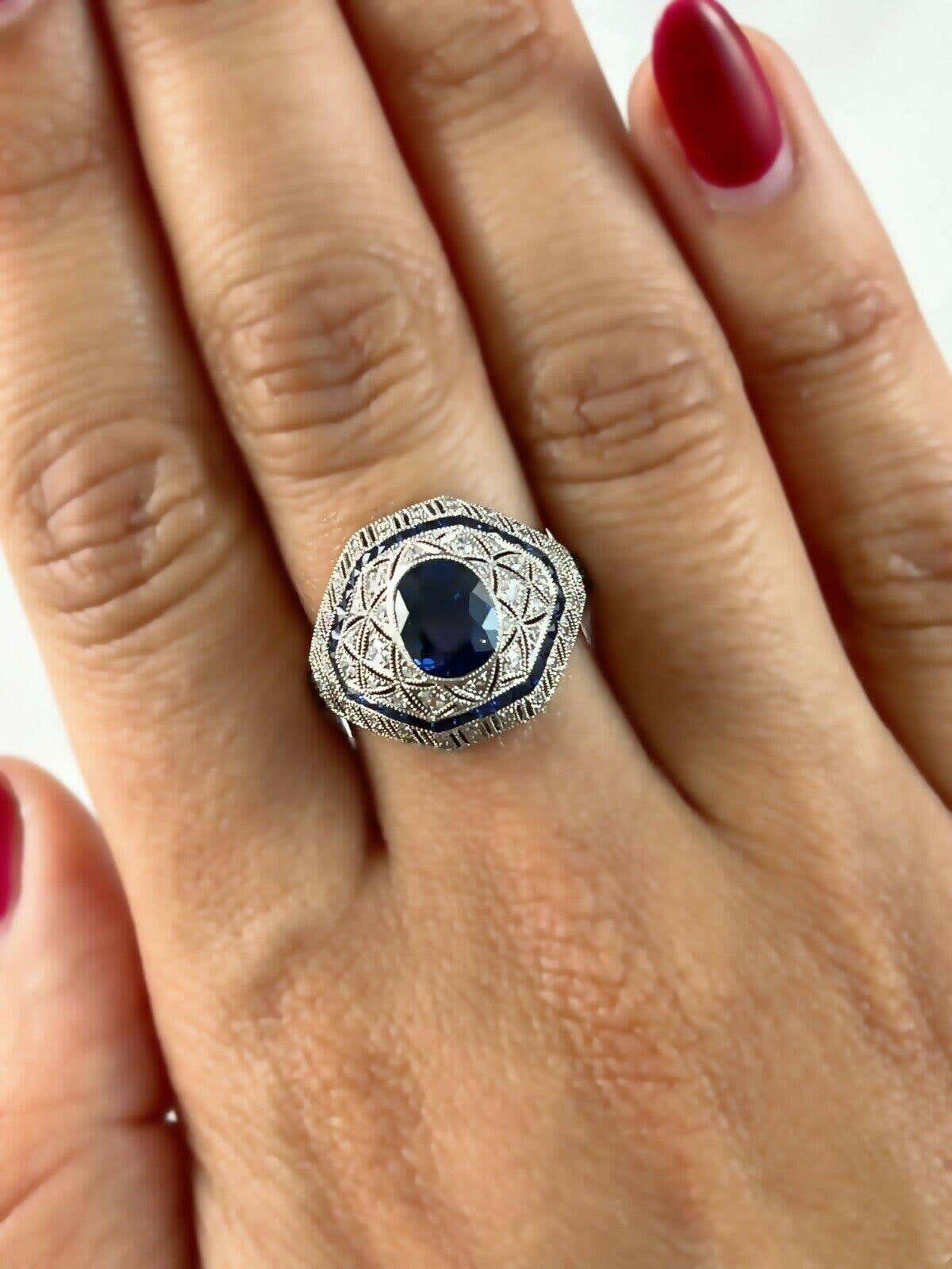 Art Deco Oval Sapphire Diamond Platinum Handmade Ring