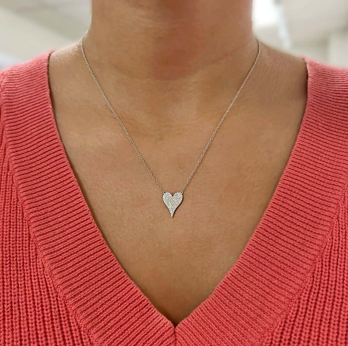 0.11 Carat Heart Shape Round Cut Pave Diamond White Gold Pendant Necklace
