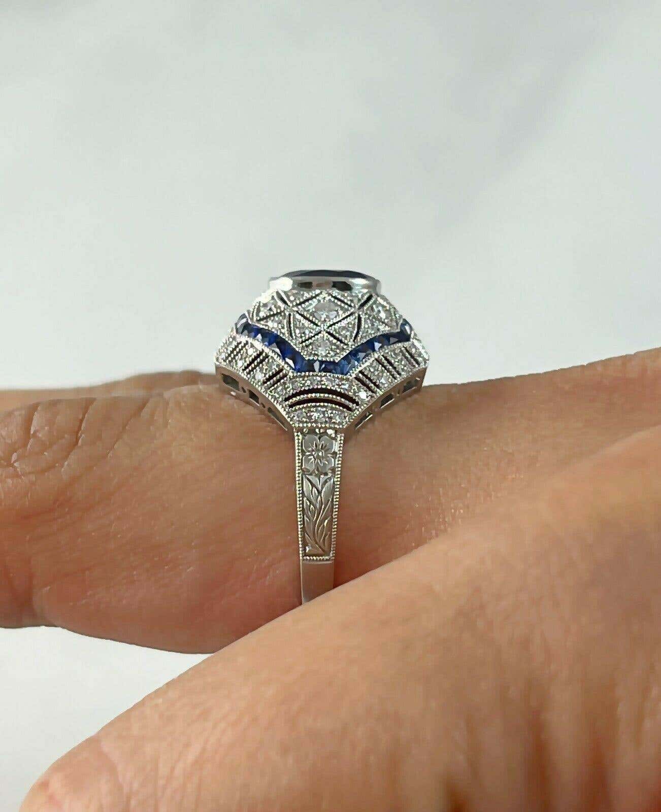 Art Deco Oval Sapphire Diamond Platinum Handmade Ring