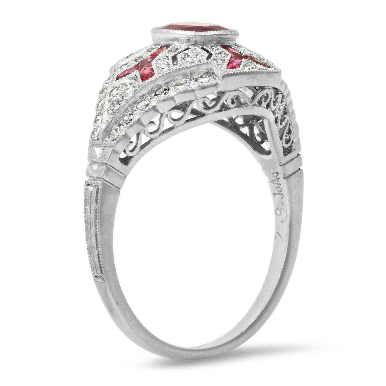 Art Deco Oval Ruby Diamond Platinum Engagement Ring