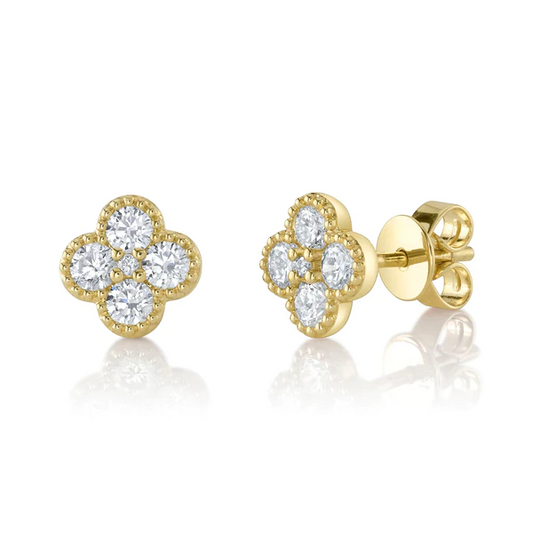 14K Gold Diamond Clover Stud Earrings