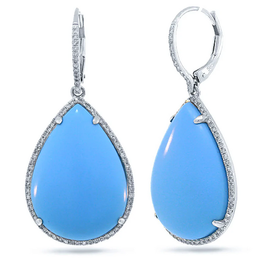 14K White Gold Diamond Pear Turquoise Teardrop Earrings - 28.00 CTW