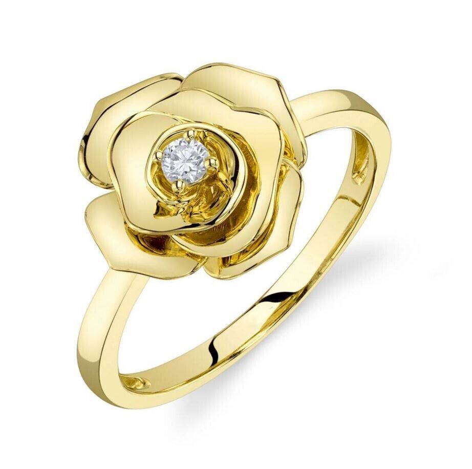 14CT Yellow Gold 0.07 CT Round Cut Diamond Rose Flower Ring