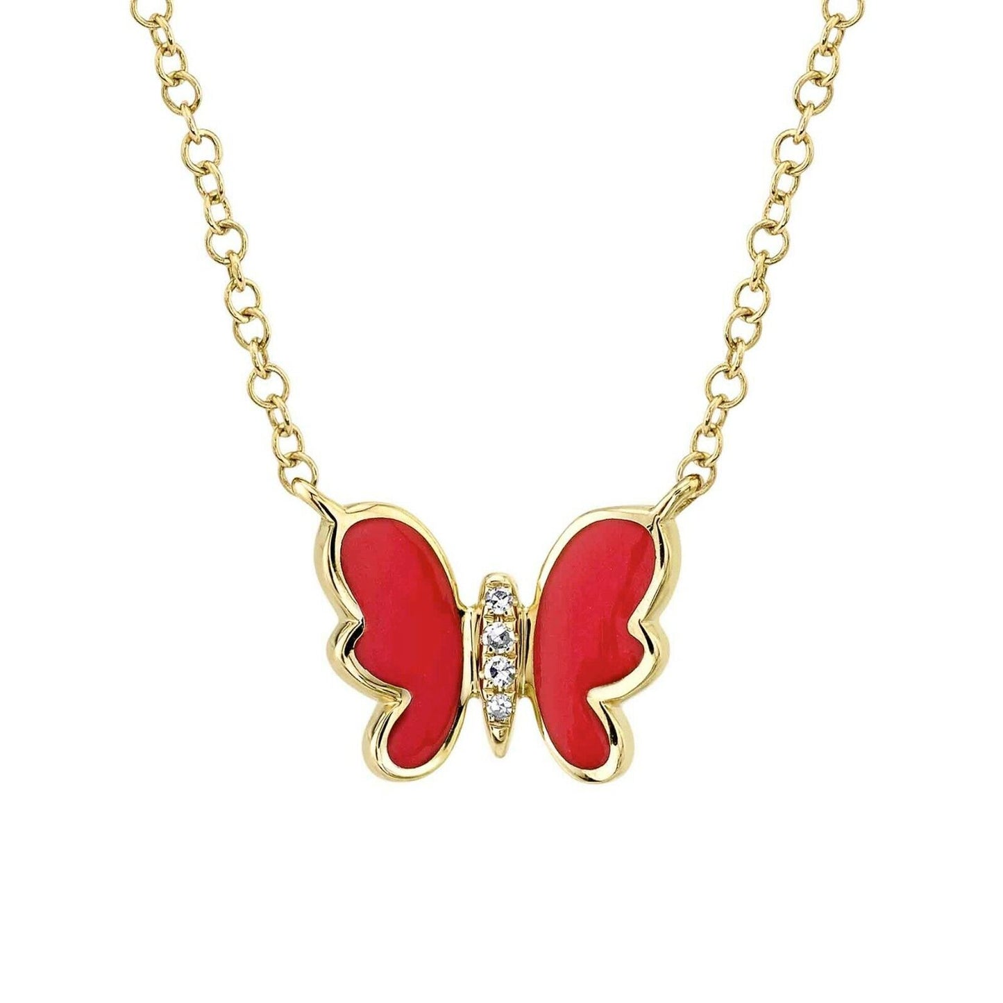 14K Yellow Gold Red Enamel Diamond Butterfly Pendant Necklace